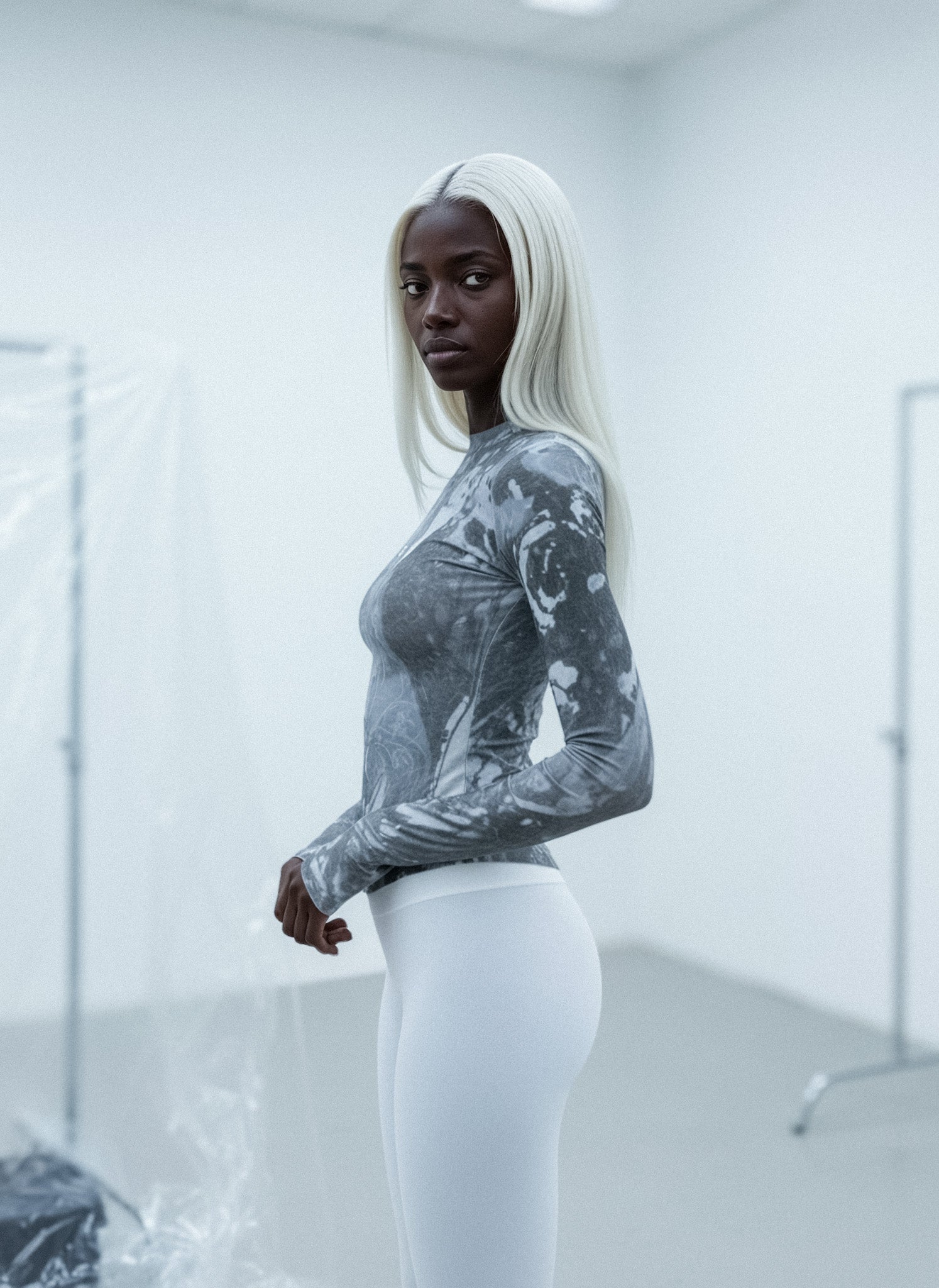 Person wearing a gray long-sleeve top with black patterns and white pants in a minimalistic setting.