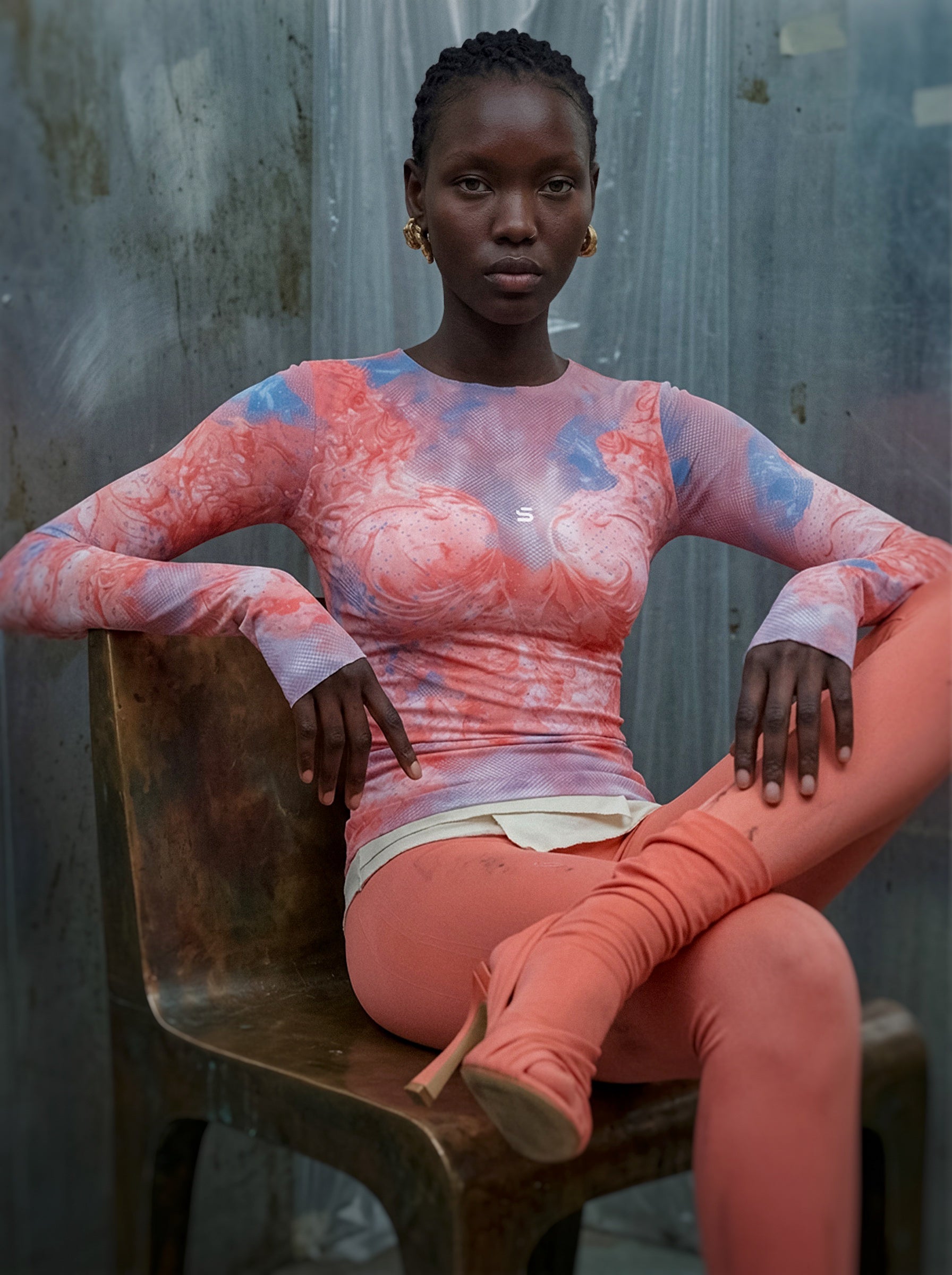 Person wearing a pink and red tie-dye outfit sitting on a wooden chair against a textured wall.