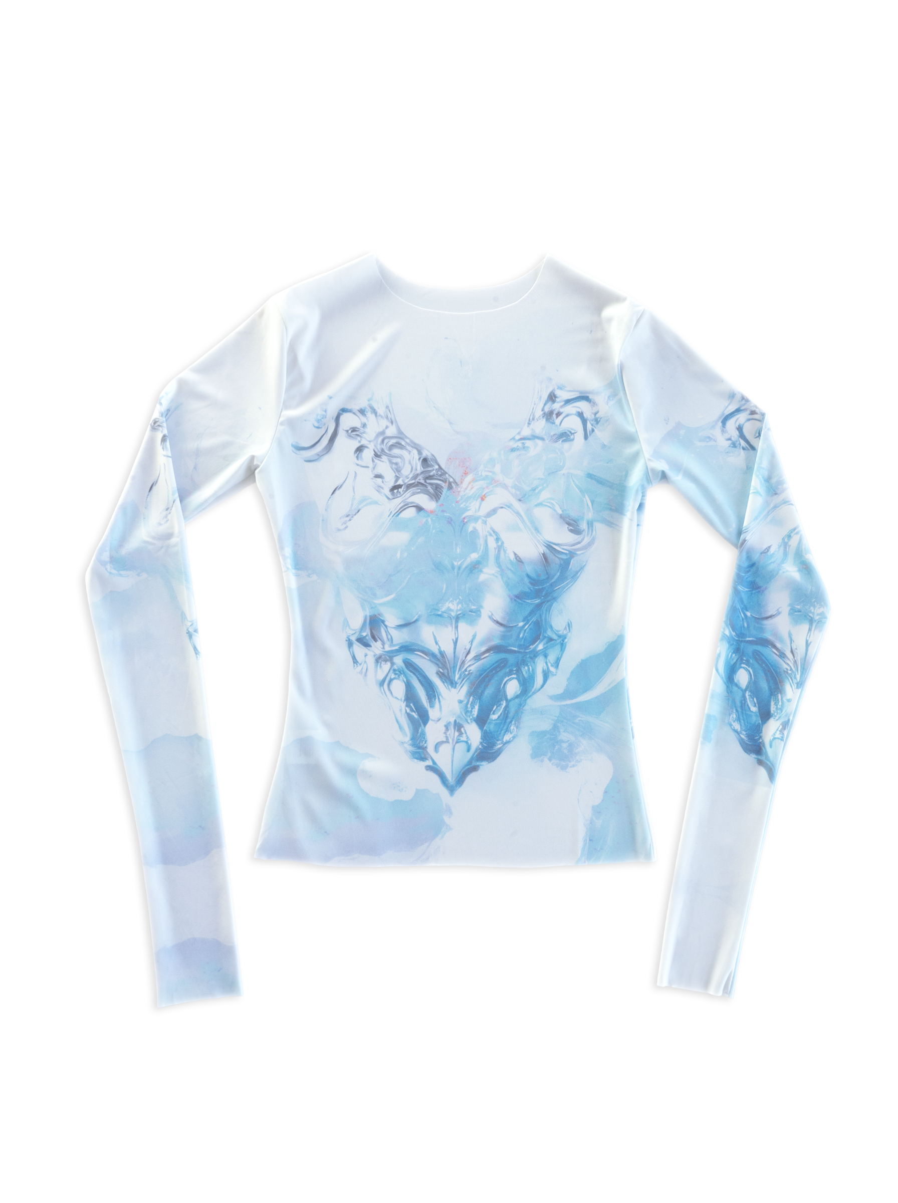 Long-sleeve shirt with blue abstract design on a white background