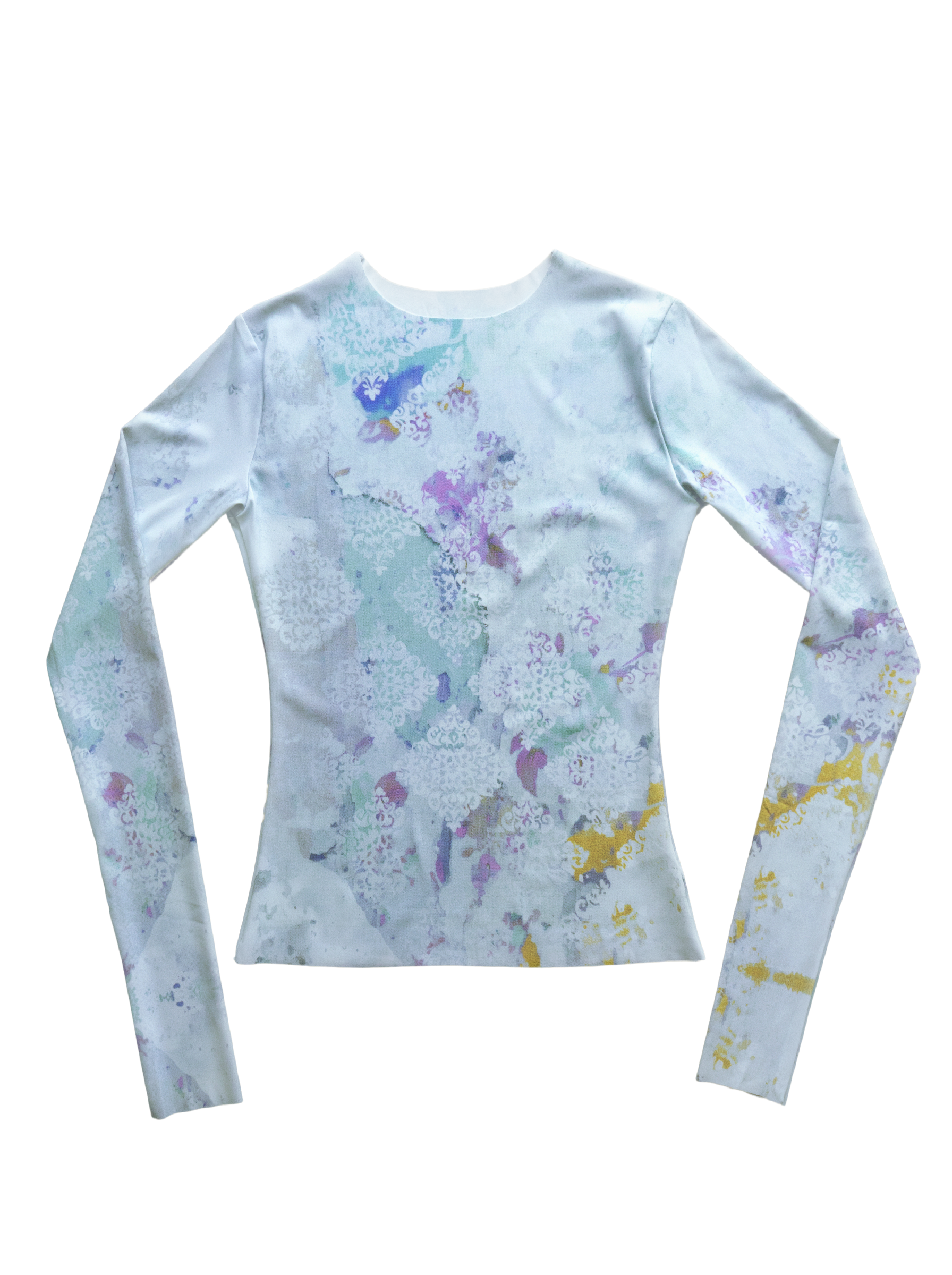 Long-sleeve shirt with colorful abstract pattern on a white background