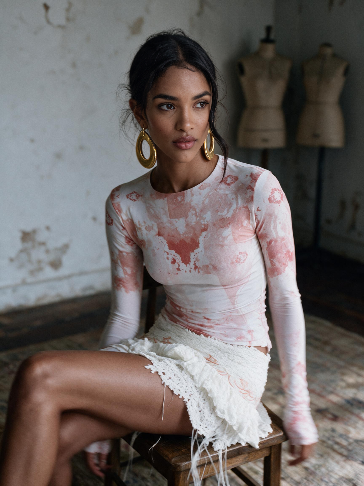 A woman sits on a wooden stool in a rustic studio setting, wearing a fitted long-sleeve top and matching skirt in a white fabric with a pink and coral abstract print, paired with a white lace-trimmed mini skirt.