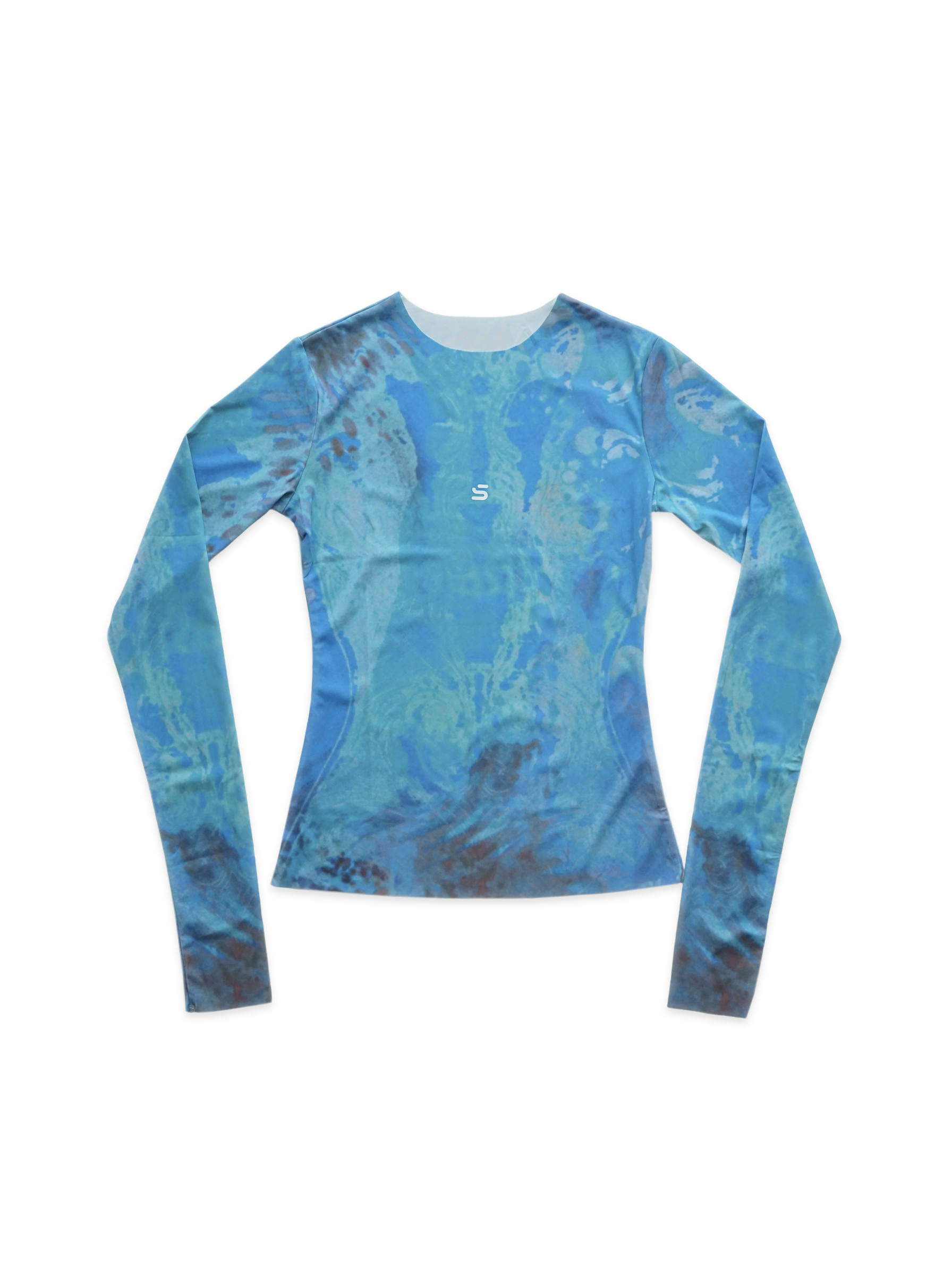 Blue long-sleeve shirt with a camouflage pattern on a white background