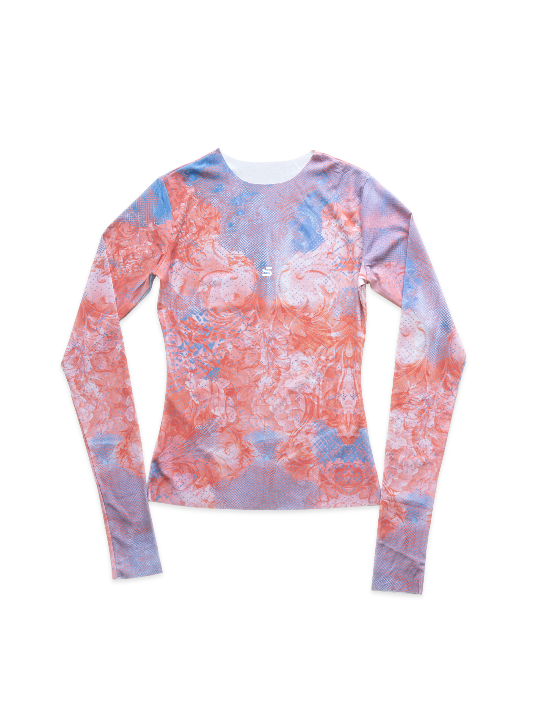 Long-sleeve shirt with a pink and blue tie-dye pattern on a white background