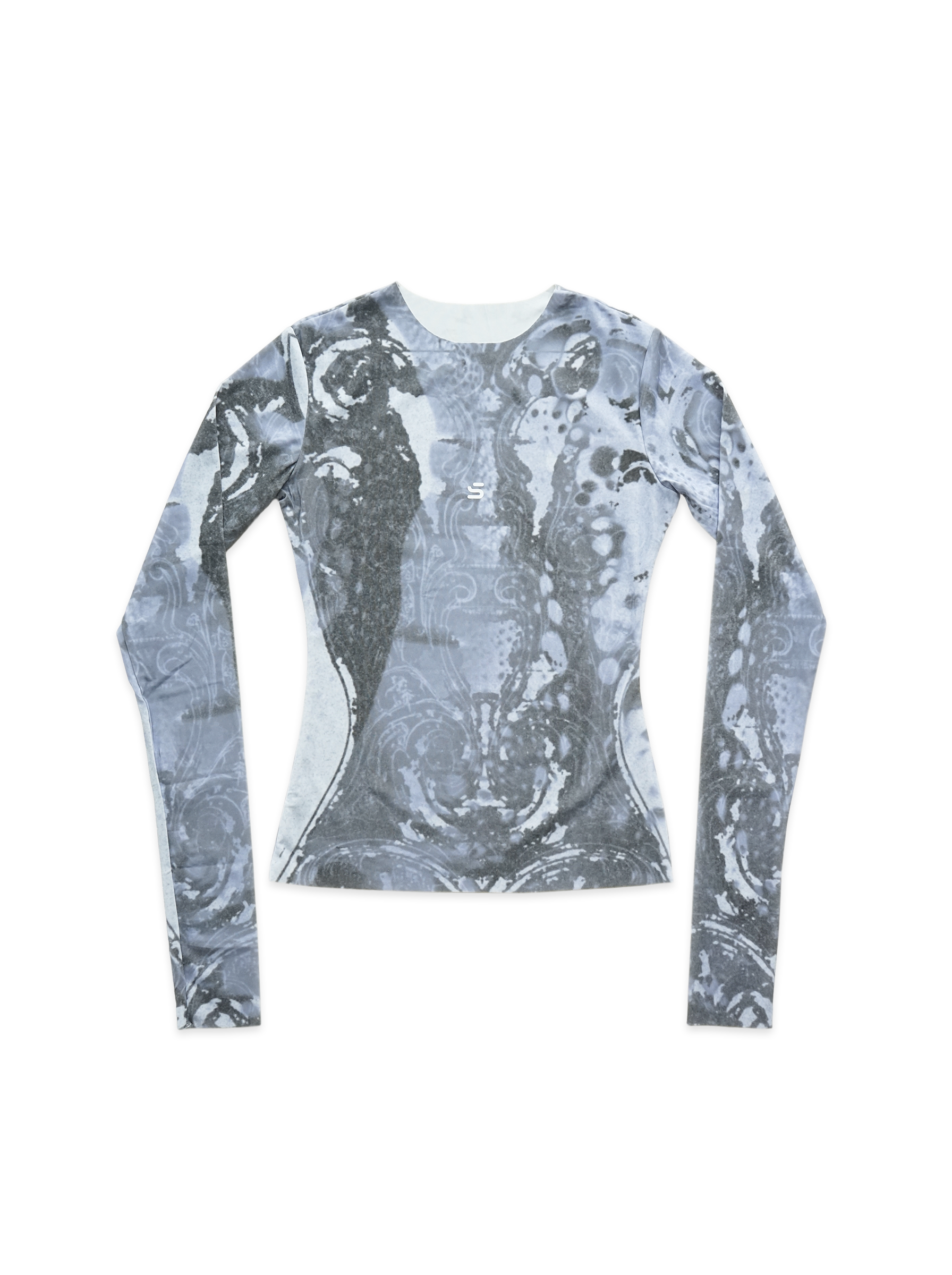 Long-sleeve shirt with a gray and white abstract pattern on a white background