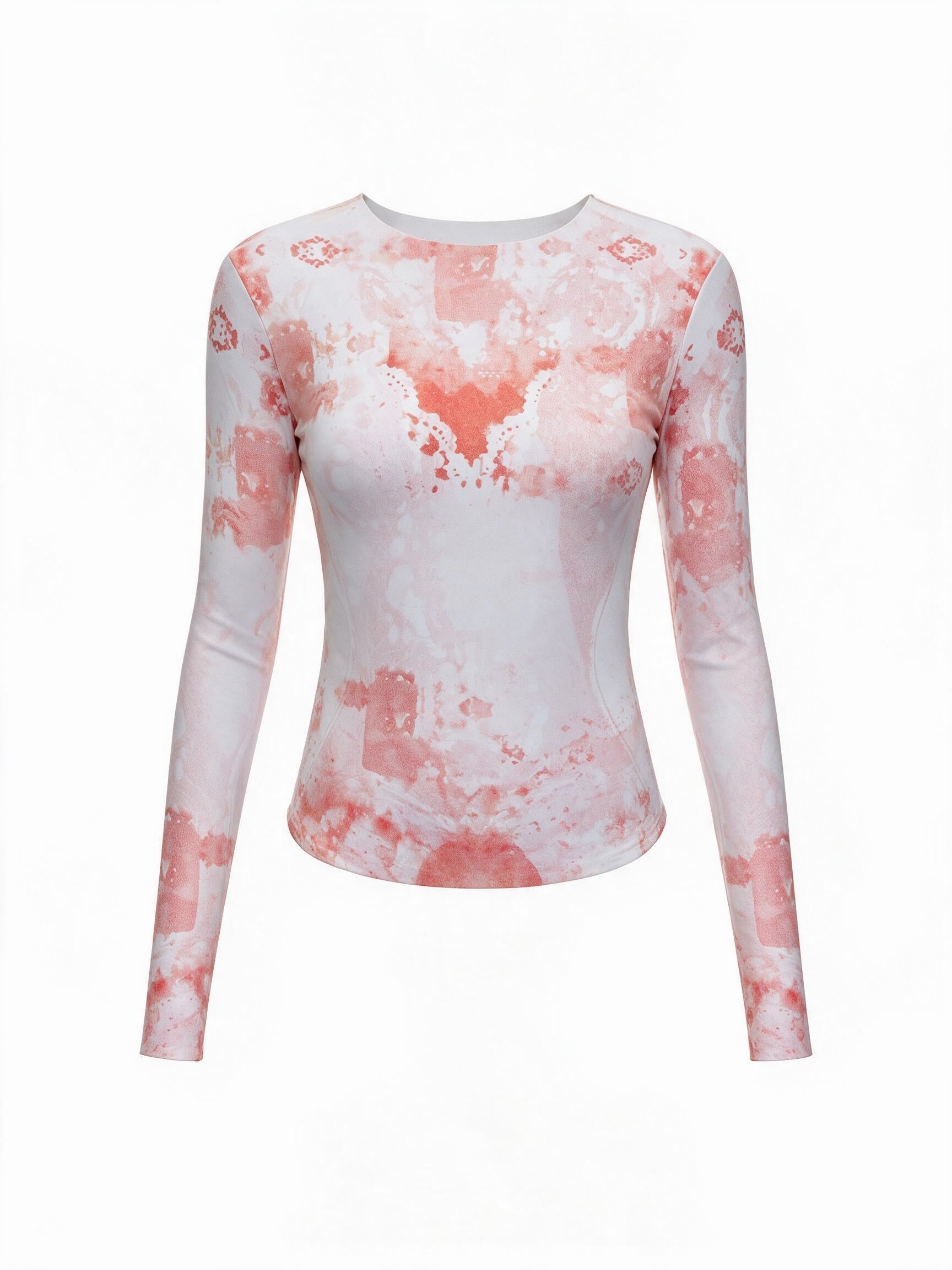 A long-sleeve crewneck top with a white base and a pink watercolor-style abstract pattern, shown on a plain white background.