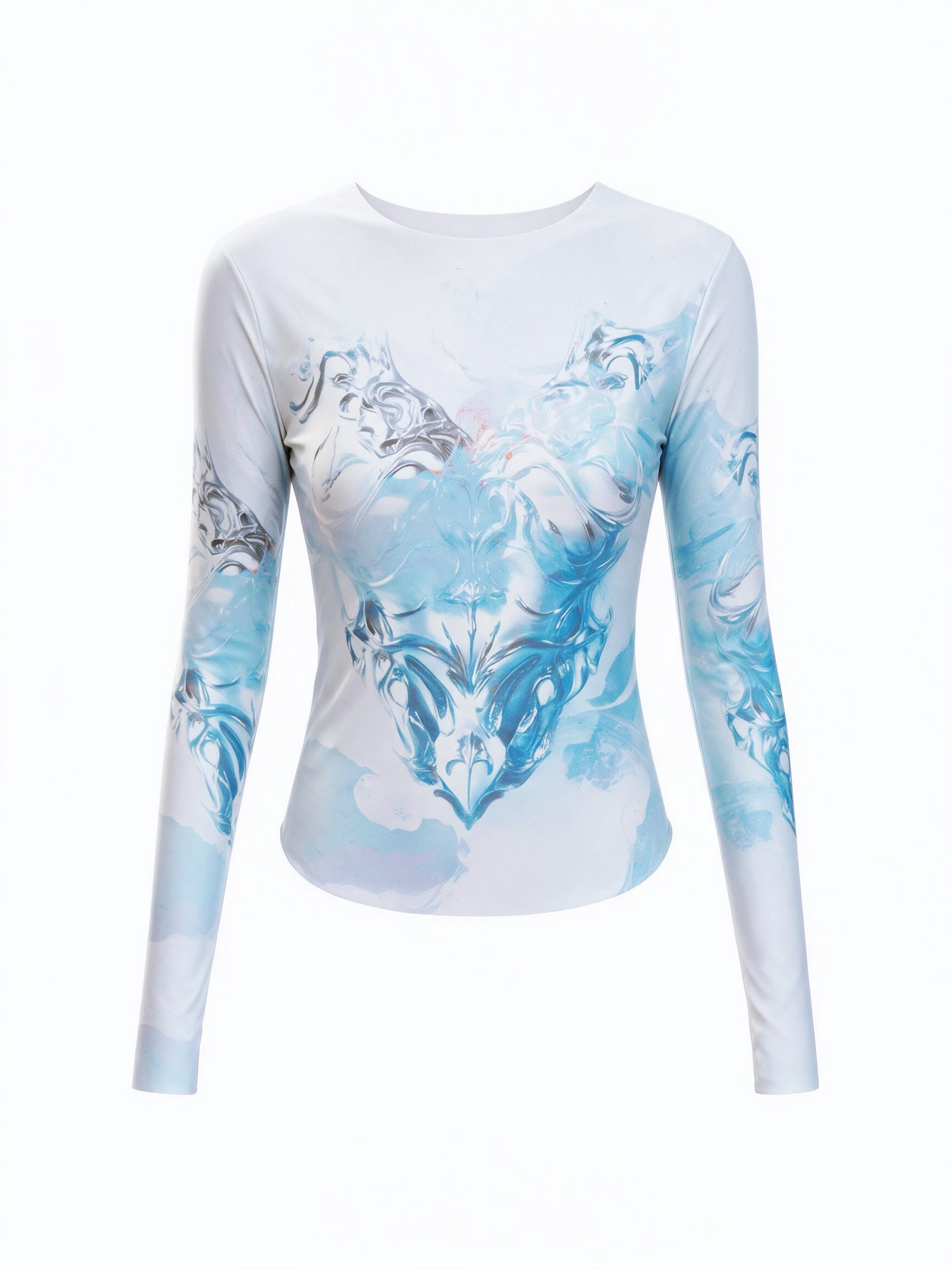 A long-sleeve crewneck shirt with a white base and a light blue watercolor-style graphic print on the front and sleeves, displayed on a clean white background.